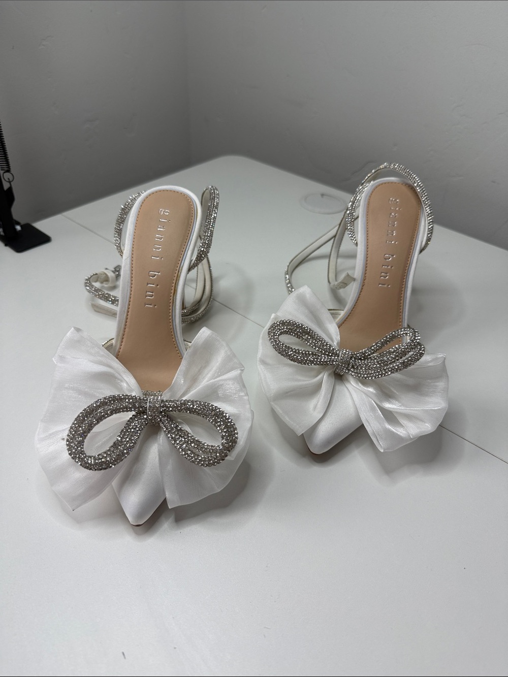 Gianni Bini White Satin Bow Slingback Heels with Silver Crystal Bow Accent